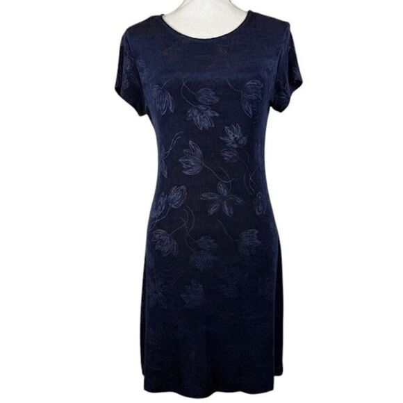 Betsy & Adam Vintage Pullover Sheath Dress Navy Blue Laser Floral Design Size 8 - Picture 1 of 10